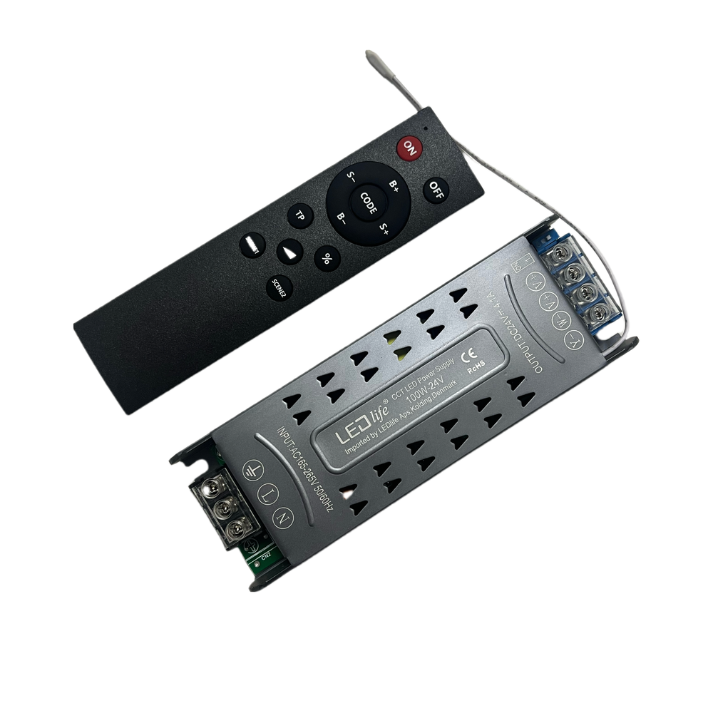 LEDlife 100W CCT Strømforsyning med Fjernbetjening - 24V DC, 4.17A, Flickerfri, IP20 (Indendørs)