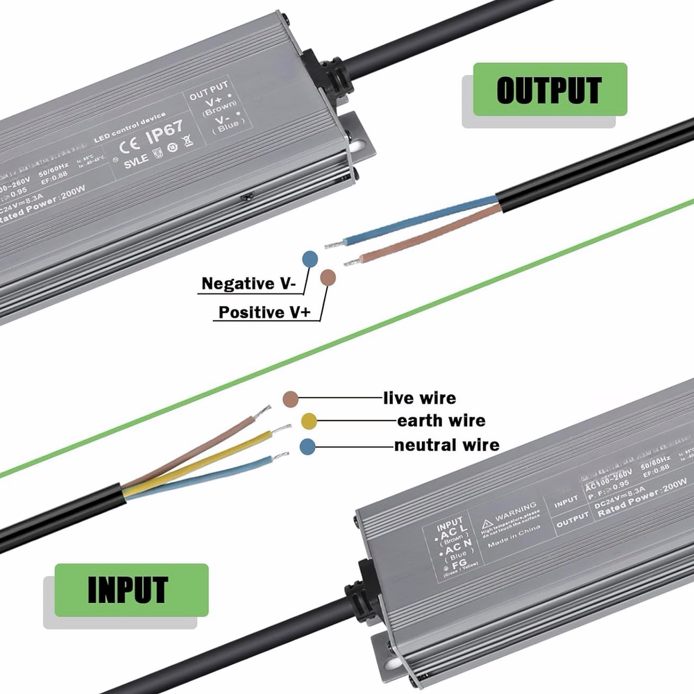 200W strømforsyning - 24V DC, 8,3A, flicker free, IP67 vandtæt, til udendørs brug