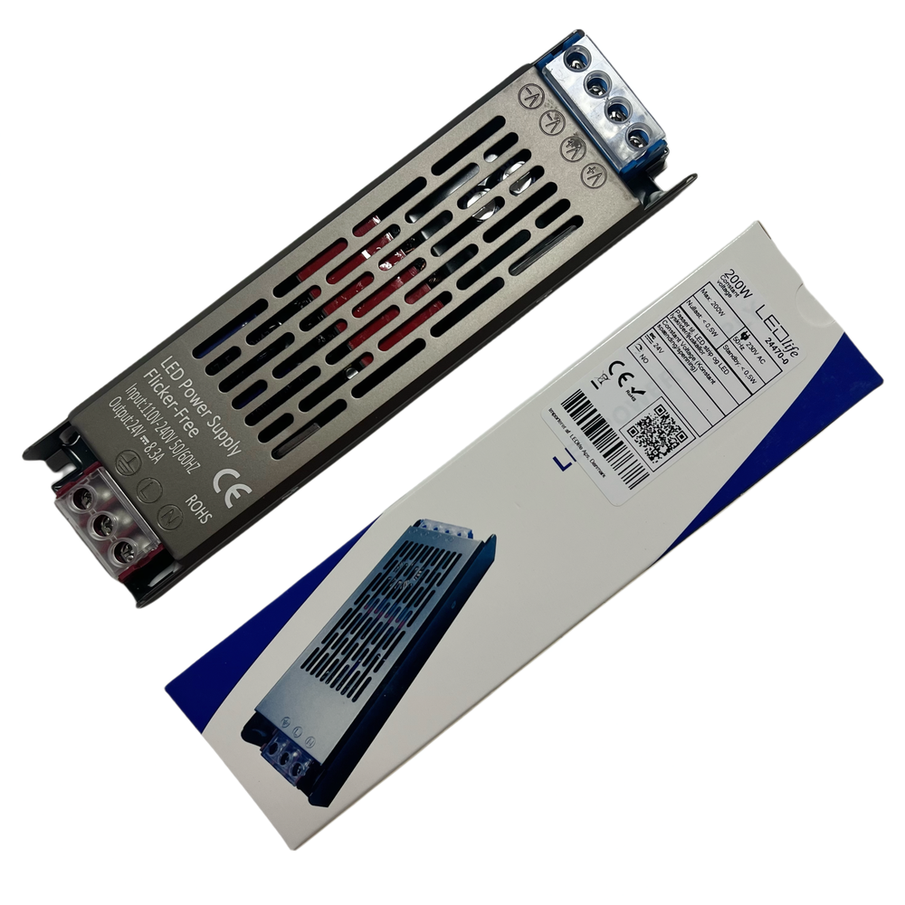 200W Strømforsyning - 24V DC, 8,3A, Flicker Free, IP20 Indendørs - 230V Input, 24V Output