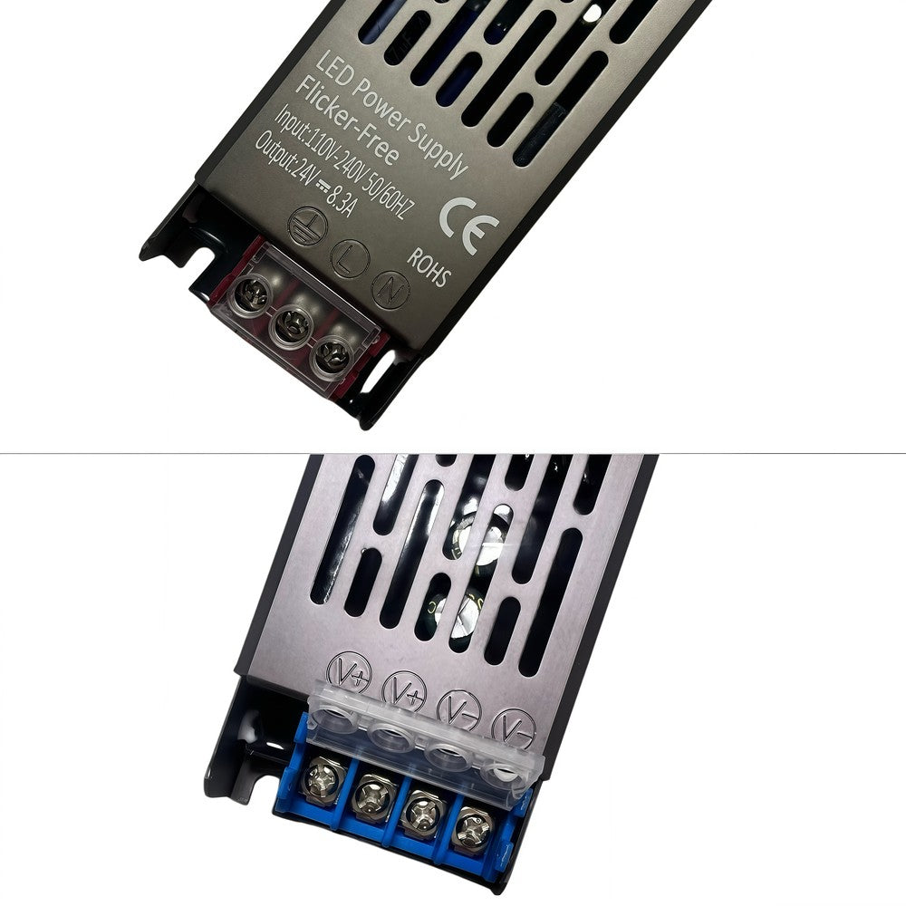 200W Strømforsyning - 24V DC, 8,3A, Flicker Free, IP20 Indendørs - 230V Input, 24V Output