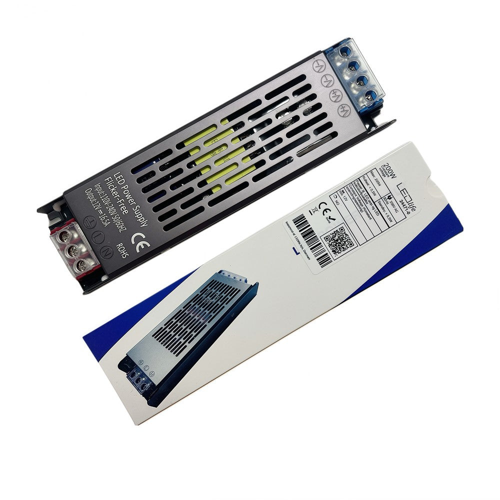 200W strømforsyning - 12V DC, 16,6A, Flicker free, IP20 indendørs - Effektiv og pålidelig strømforsyning til indendørs brug