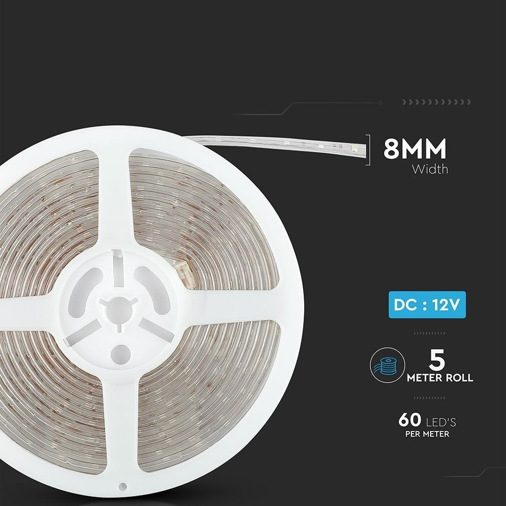 V-Tac 3,6W/m stænktæt LED strip - 5m, IP65, 60 LED pr. meter, 400lm/m, RA80