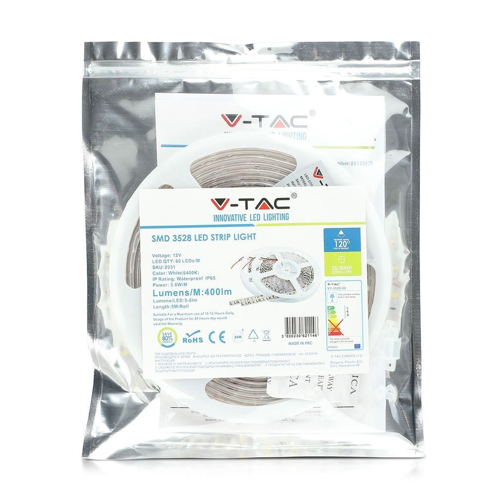 V-Tac 3,6W/m stænktæt LED strip - 5m, IP65, 60 LED pr. meter, 400lm/m, RA80