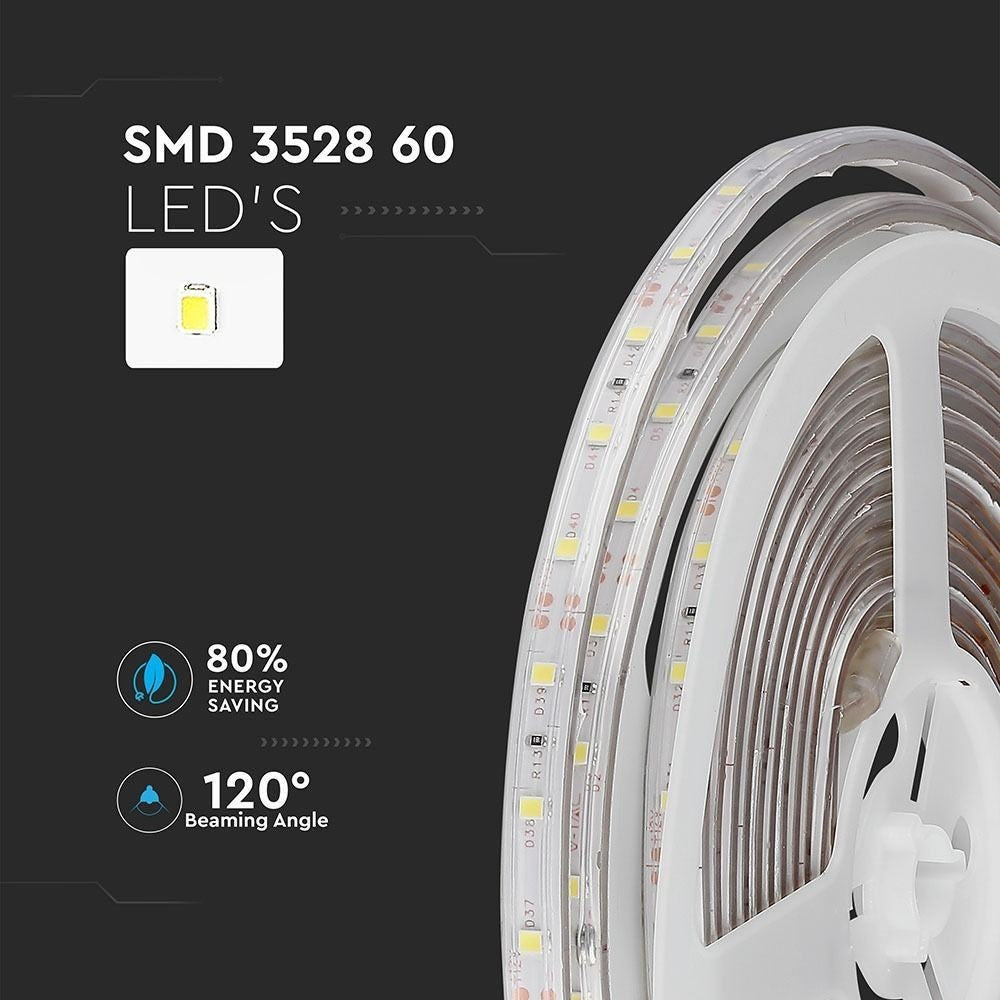 V-Tac 3,6W/m stænktæt LED strip - 5m, IP65, 60 LED pr. meter, 400lm/m, RA80