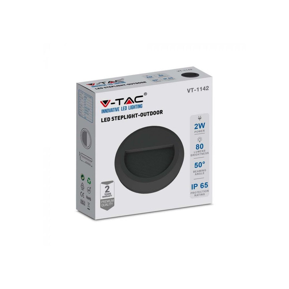V-Tac 2W LED trappebelysning - Sort, IP65 udendørs, 230V, 80lm, RA80
