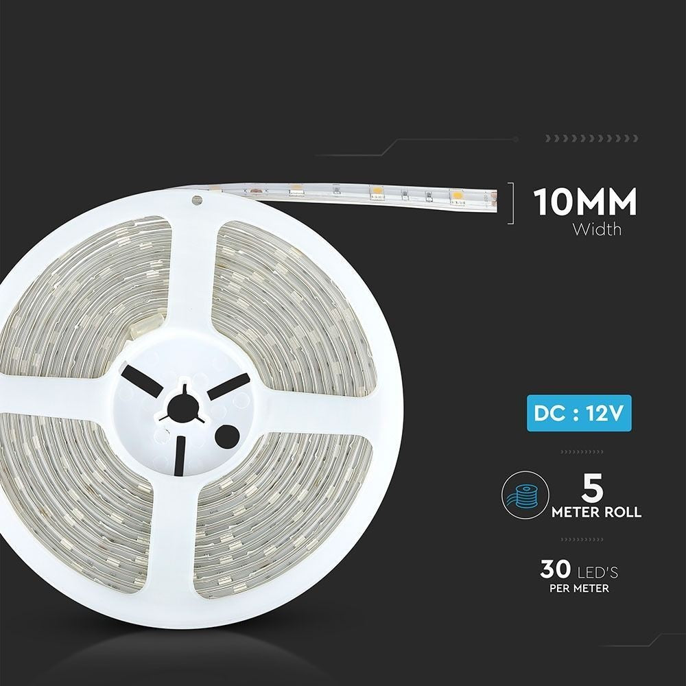 V-Tac 4,8W/m stænktæt LED strip - 5m, IP65, 30 LED pr. meter, 12V, RA80