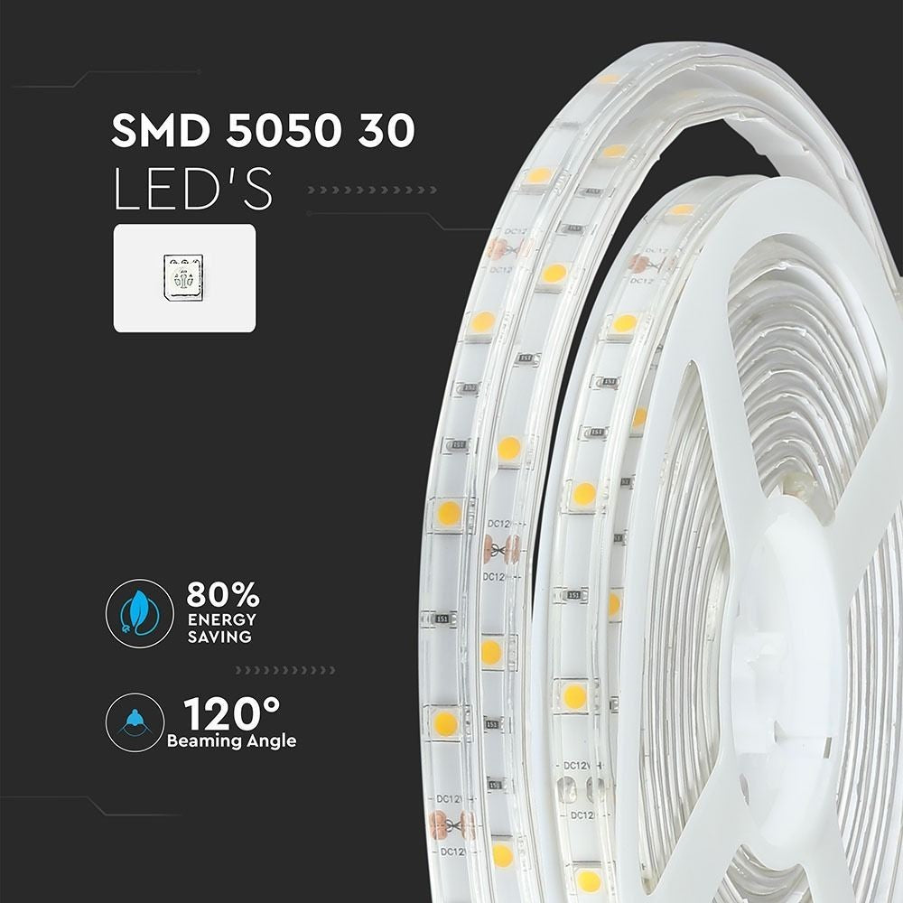 V-Tac 4,8W/m stænktæt LED strip - 5m, IP65, 30 LED pr. meter, 12V, RA80