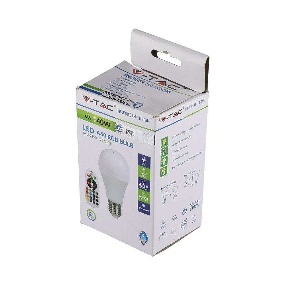 V-Tac 6W RGB LED pære med RF fjernbetjening, E27 fatning, 230V input, 470lm, RA80