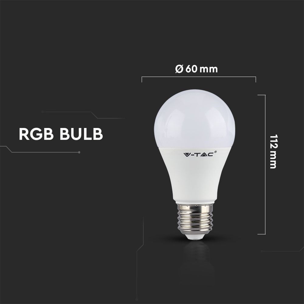 V-Tac 6W RGB LED pære med RF fjernbetjening, E27 fatning, 230V input, 470lm, RA80