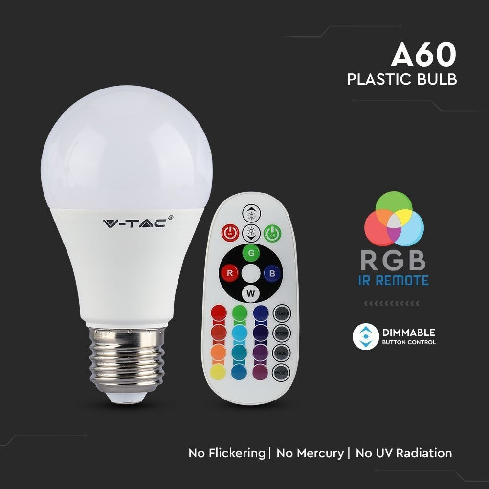 V-Tac 6W RGB LED pære med RF fjernbetjening, E27 fatning, 230V input, 470lm, RA80
