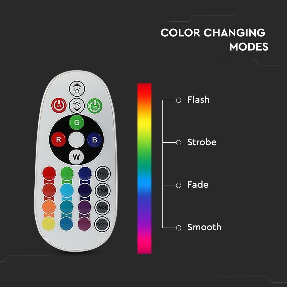 V-Tac 6W RGB LED pære med RF fjernbetjening, E27 fatning, 230V input, 470lm, RA80