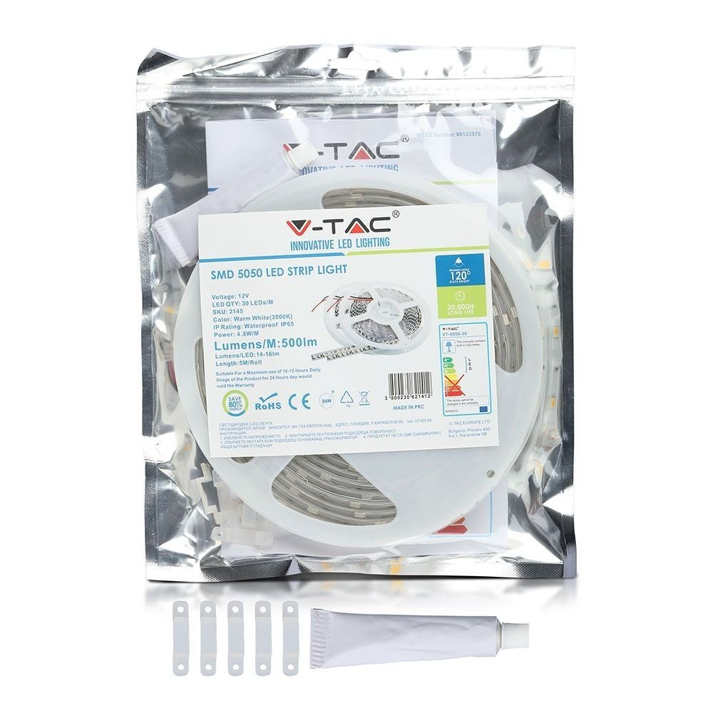 V-Tac 4,8W/m RGB vandtæt LED strip – 5m, 30 LED pr. meter, 400lm/m, 12V, IP65