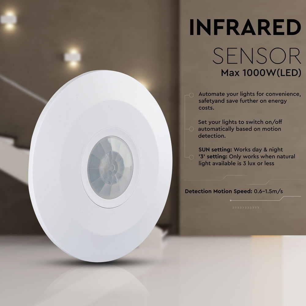 PIR Loftsensor (flad) - Maks: 1000W LED - Automatisk Bevægelsessensor til Loftmontering - Ideel til LED-belysning op til 1000W