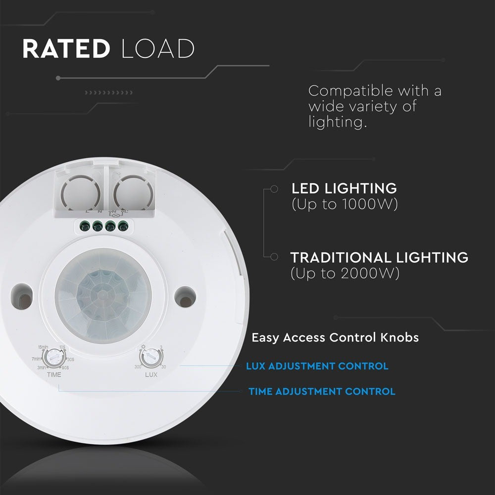 PIR Loftsensor (flad) - Maks: 1000W LED - Automatisk Bevægelsessensor til Loftmontering - Ideel til LED-belysning op til 1000W