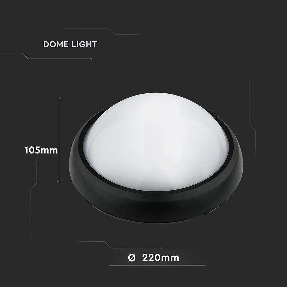 12W Sort IP54 Dome Lys - 3000K, Fuld Rundet, Husmonteret, 840lm, RA70