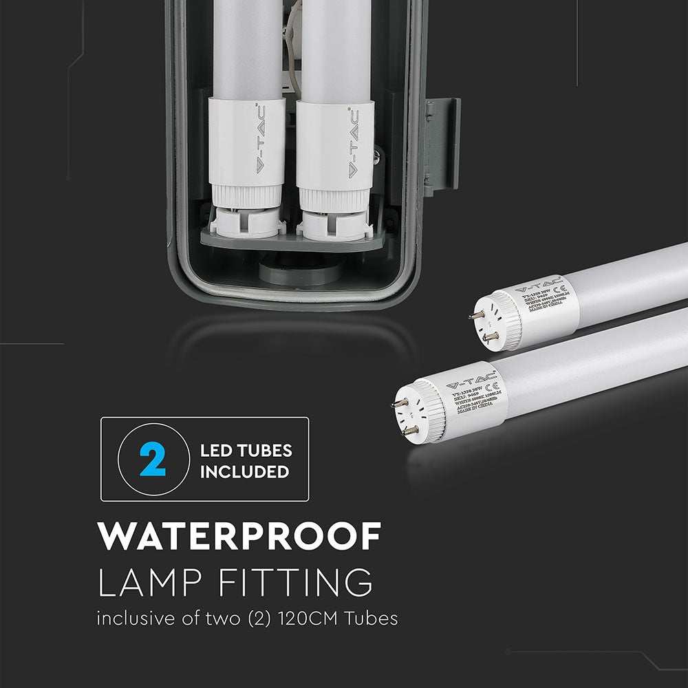 Vandtæt LED-lampe med 2x18W rør, 120cm længde, 6500K lysfarve, 3400lm, RA80, IP65 - 36W effekt