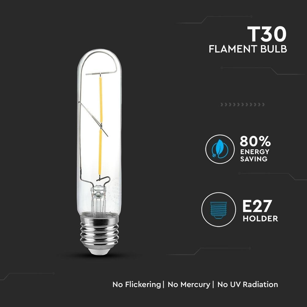 V-Tac 2W LED pære - Kultråd, T30, E27 - Erstatter 20W - 200lm - Energieffektiv belysning til dekoration og stemning