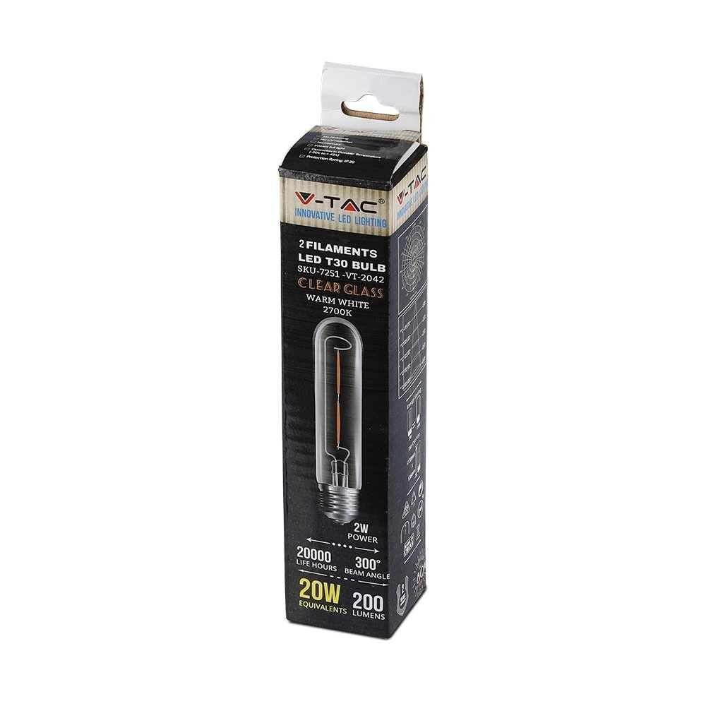 V-Tac 2W LED pære - Kultråd, T30, E27 - Erstatter 20W - 200lm - Energieffektiv belysning til dekoration og stemning