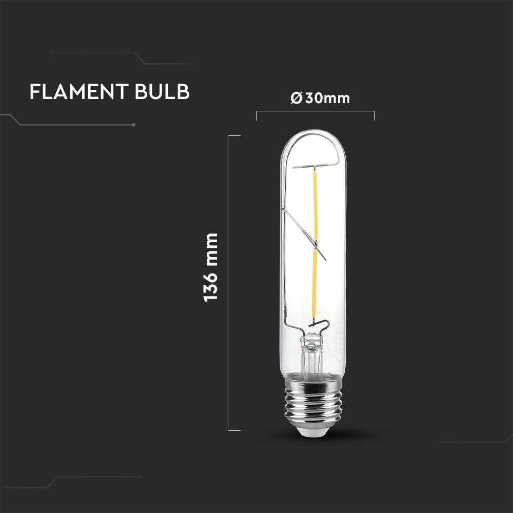 V-Tac 2W LED pære - Kultråd, T30, E27 - Erstatter 20W - 200lm - Energieffektiv belysning til dekoration og stemning