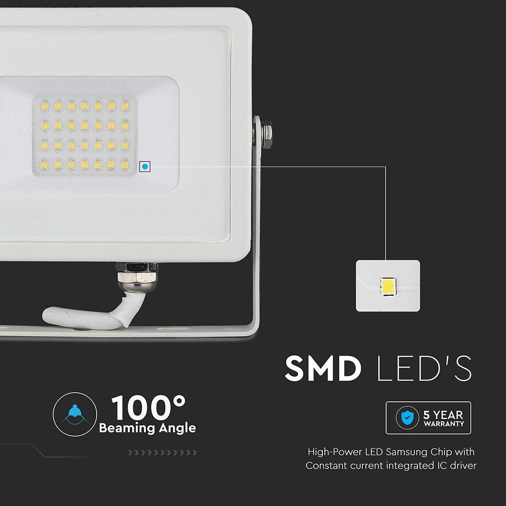 Projektør 20W med Samsung chip, 6400K, hvid hus - 1600lm, RA80, IP65, 5 års garanti