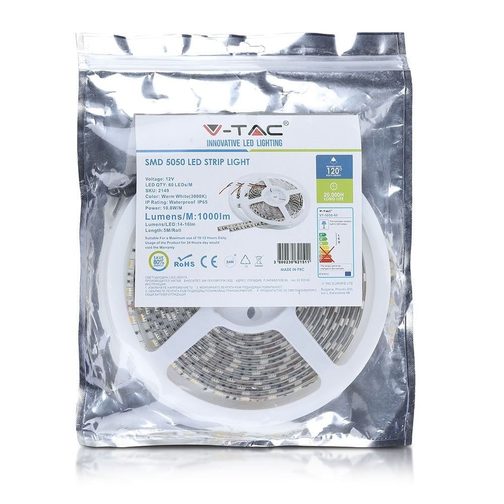 V-Tac 10,8W/m RGB stænktæt LED strip - 5m, 60 LED pr. meter