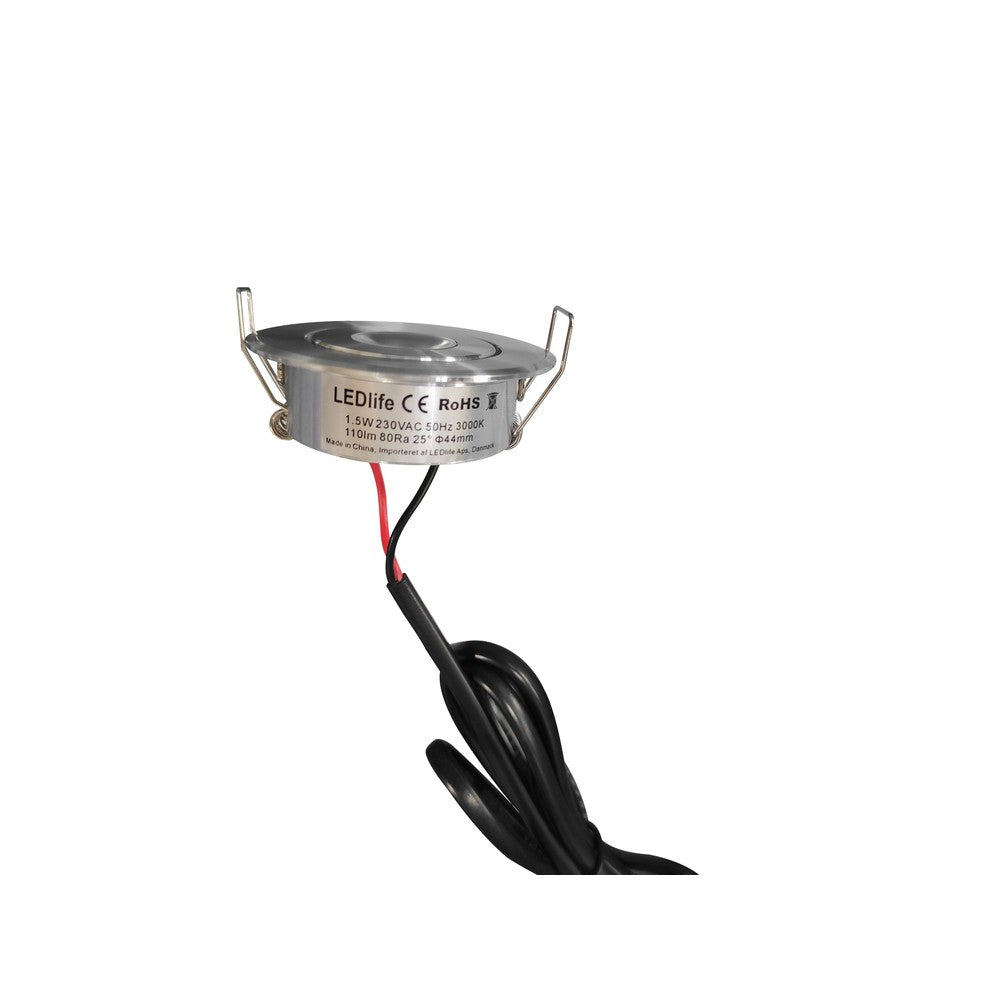 1,5W LED Indbygningslampe - Erstatter 15W, 110lm, RA80, 230V Input, Hul: Ø4,2 cm, Mål: Ø5,2 cm, 25° Spredning, 1m Ledning