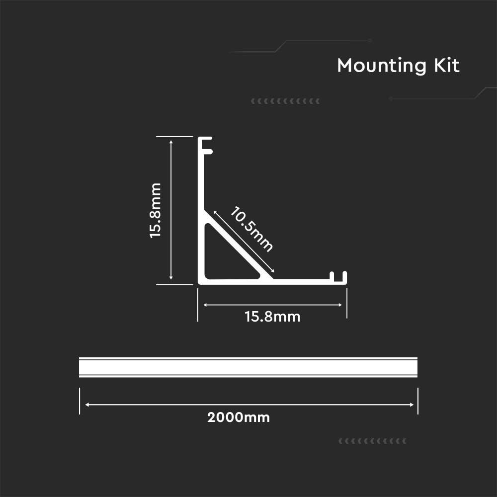 Monteringssæt til LED-strips i hjørner - 2000x15.8x15.8mm, sølvfarvet