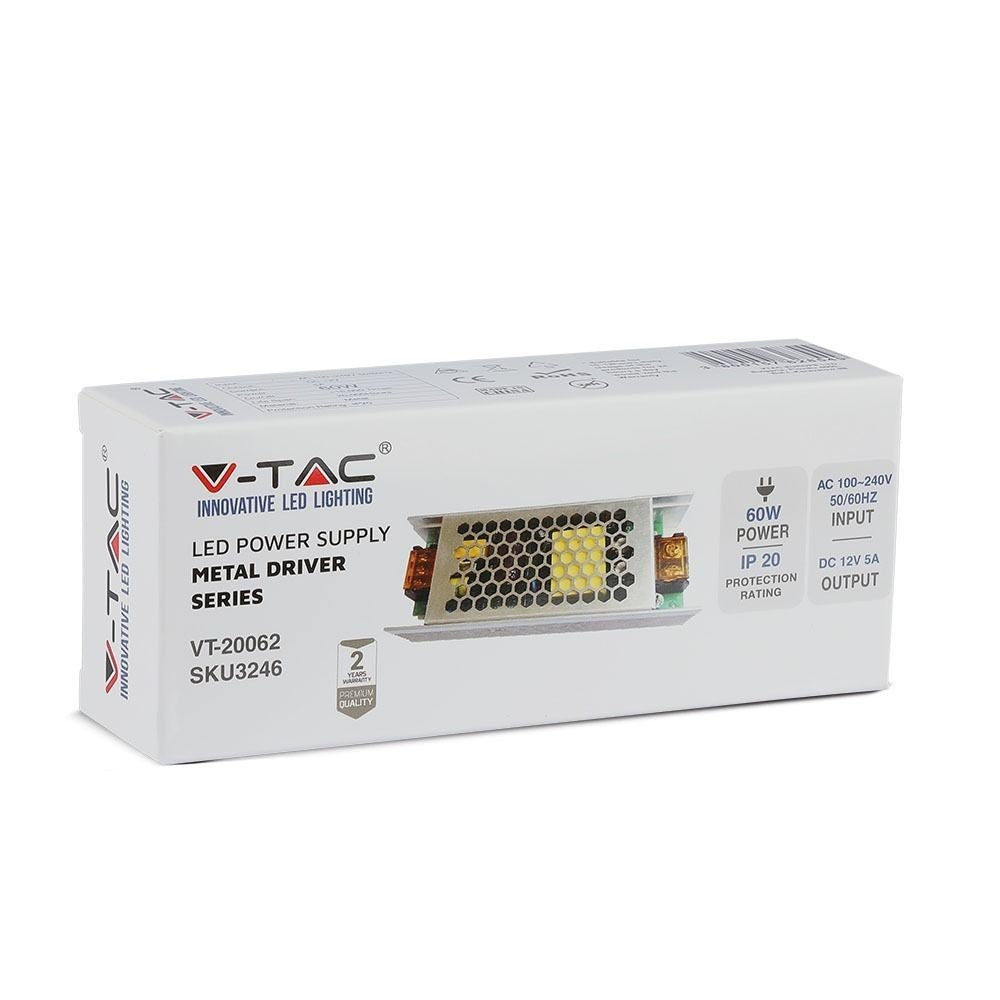 V-Tac 60W Strømforsyning - 12V DC, 5A - IP20 Indendørs Brug