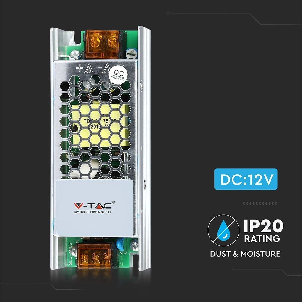 V-Tac Strømforsyning - 75W, 12V, 6A, IP20 - Højeffektiv strømforsyning til 12V-enheder med 75W effekt og 6A output