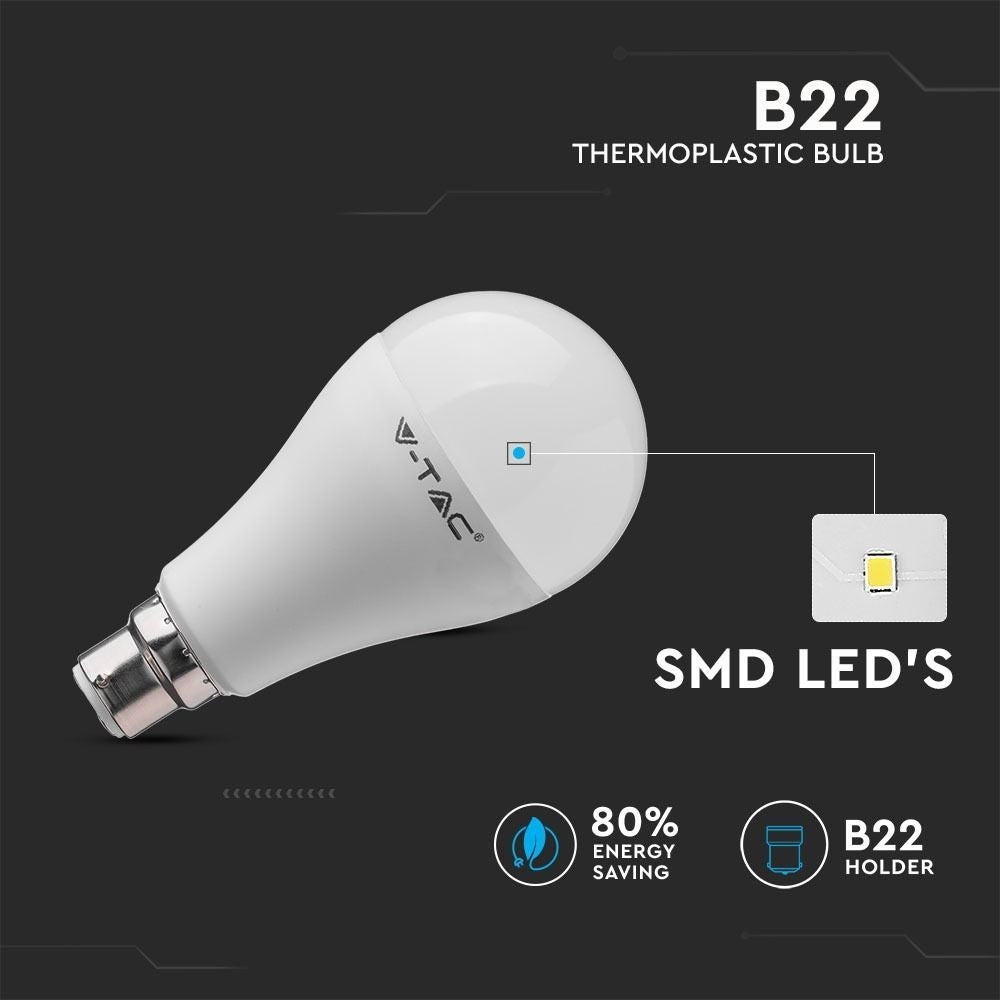 V-Tac 15W LED pære - Kraftig erstatning for 90W, A65, B22, 230V, 1350lm, RA80