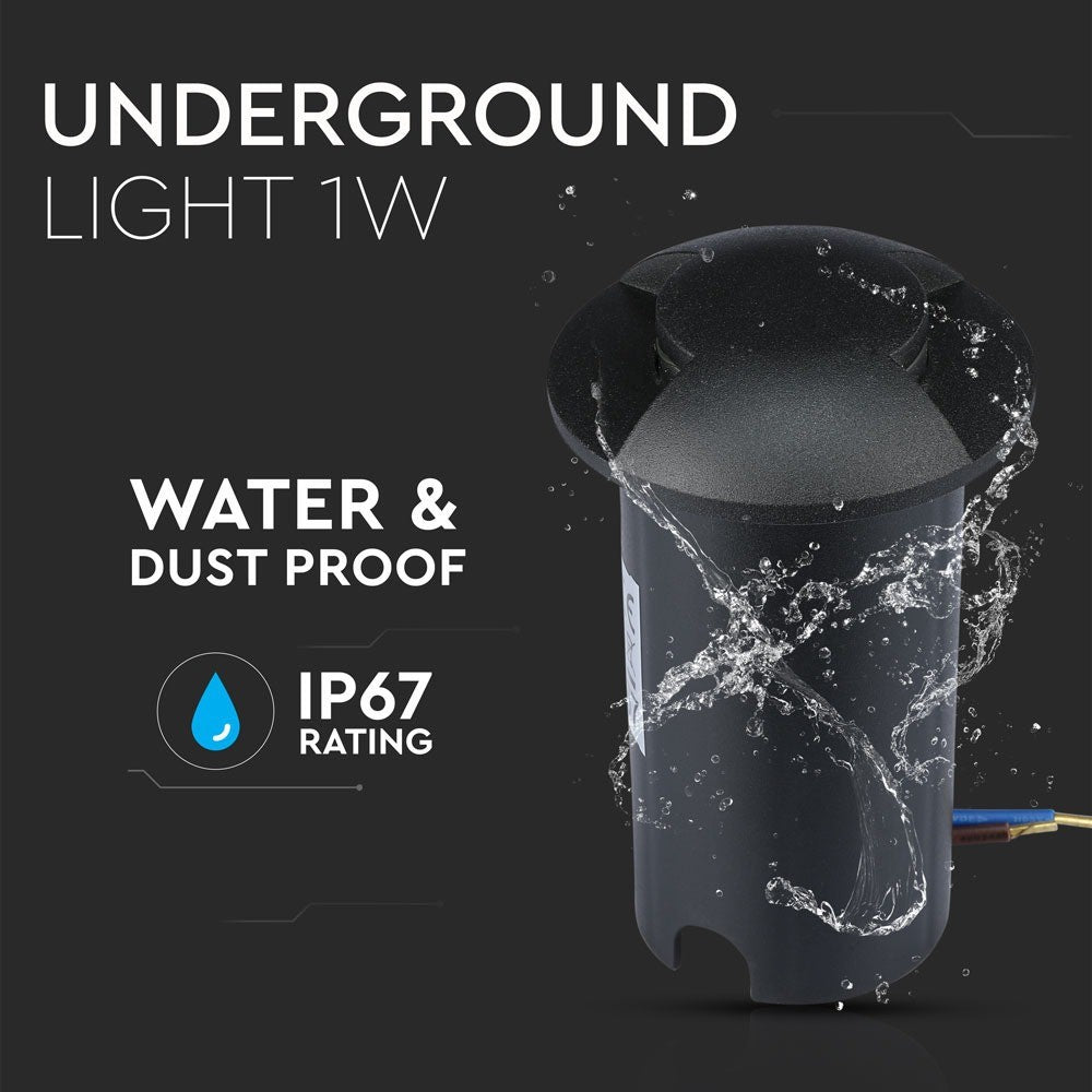 1W LED nedgravningsspot lys (12V) 6500K sort, IP67 - velegnet til udendørs belysning og haver.
