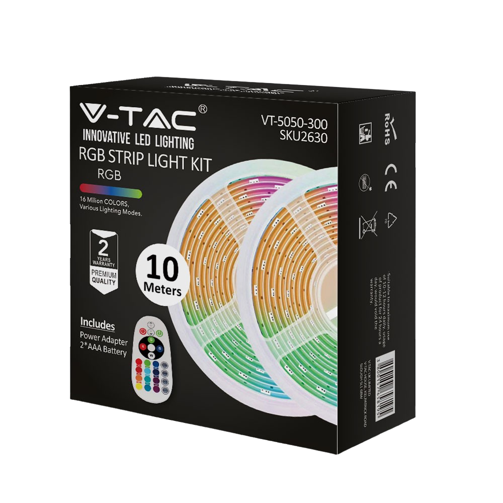 300 LED Stribelys Sæt 4.8W/m, IP20, 2x5m Rulle, RGB (EU stik)