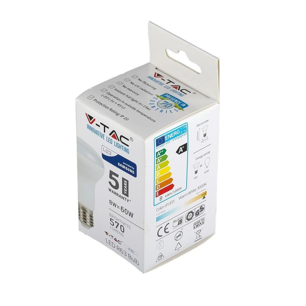 V-Tac 8W LED spotpære - Samsung LED chip, R63, E27 - erstatning for 60W - 230V - 600lm - RA80 - 5 års producentgaranti