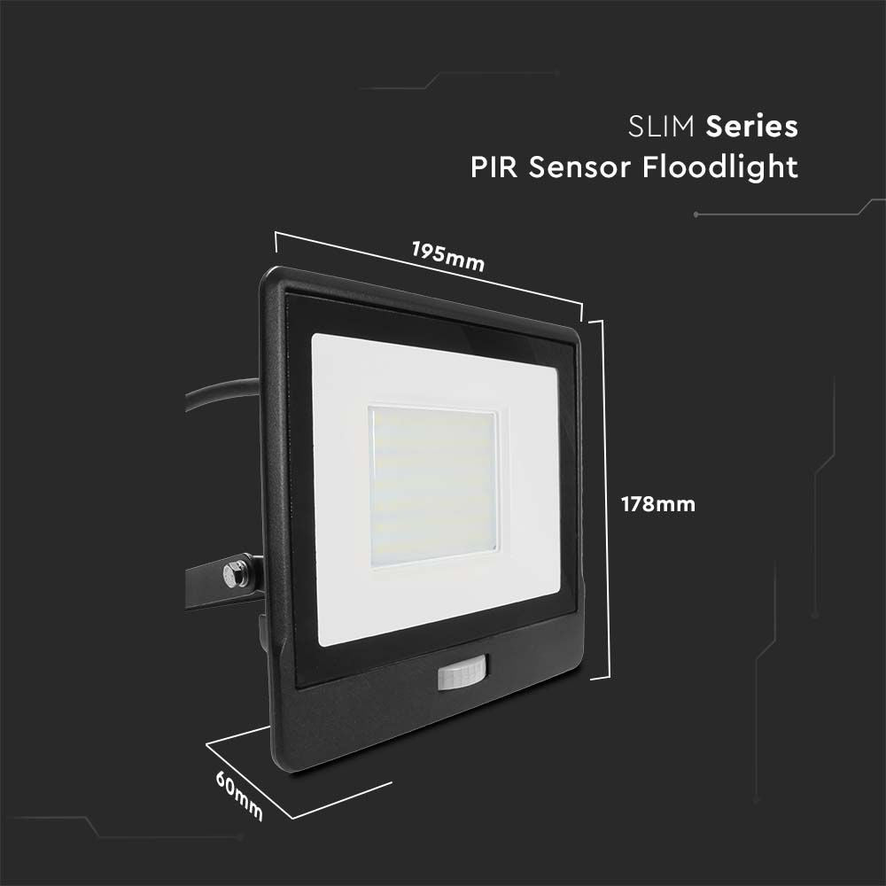 PIR sensor projektør 50W med Samsung chip og 1m kabel - 6500K, sort hus