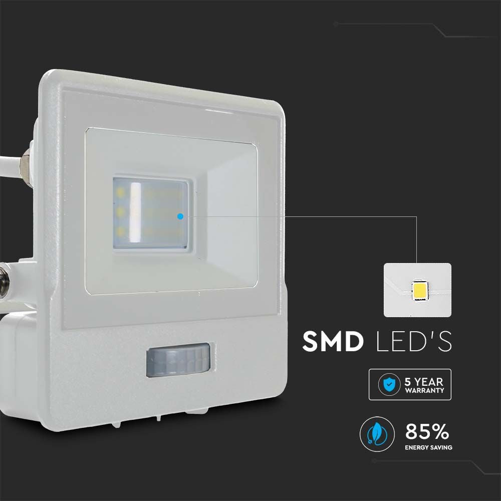 10W Projektør med PIR Sensor og Samsung Chip i Hvid Hus, 4000K, 1m Kabel