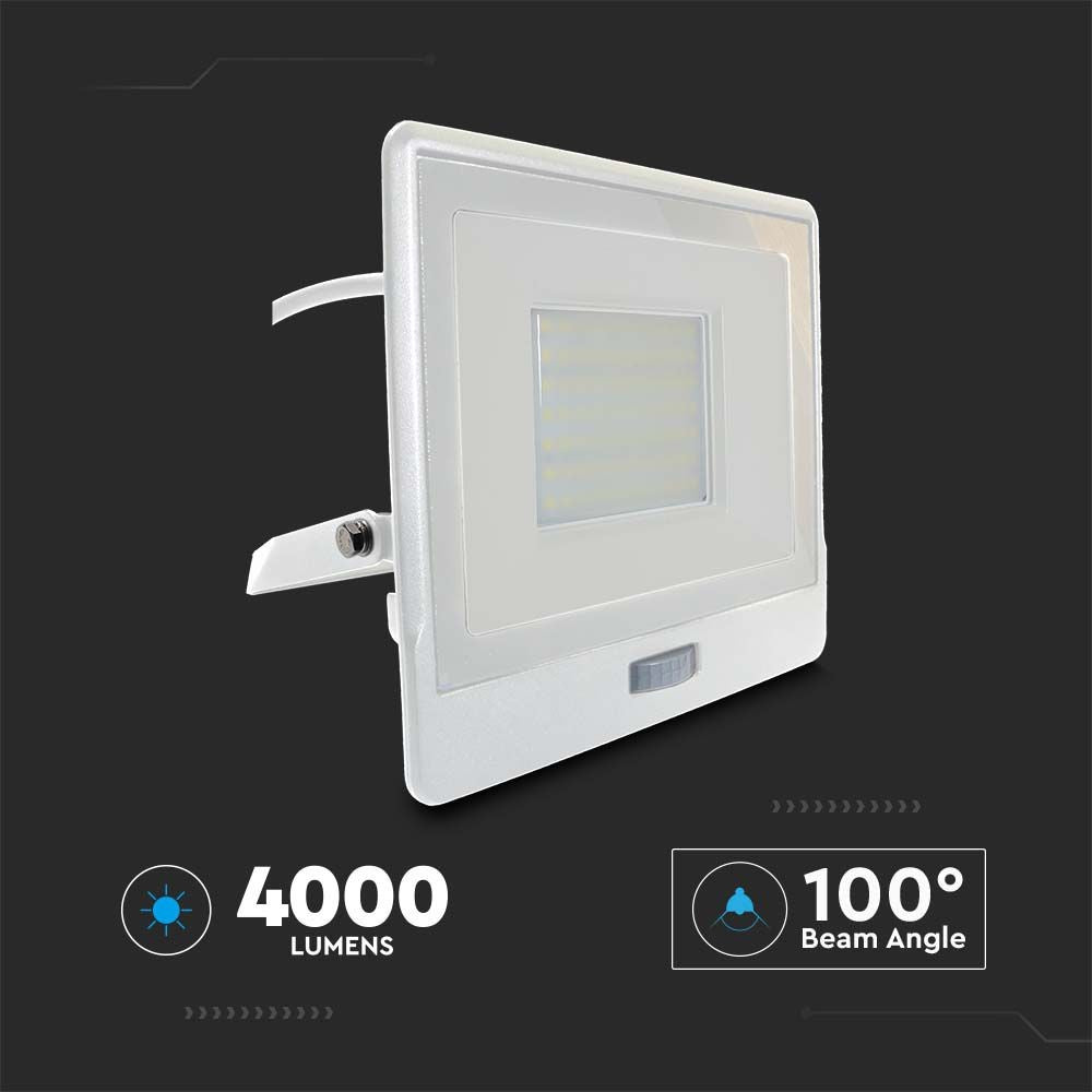 50W LED projektør med PIR sensor, Samsung Chip, 1m kabel, 4000K, hvidt hus - Energibesparende belysning til udendørs områder