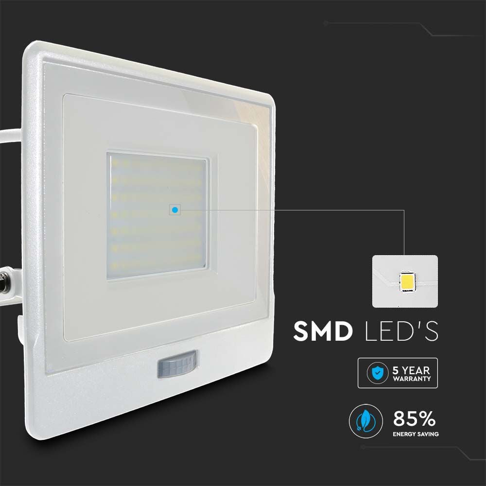 50W LED projektør med PIR sensor, Samsung Chip, 1m kabel, 4000K, hvidt hus - Energibesparende belysning til udendørs områder