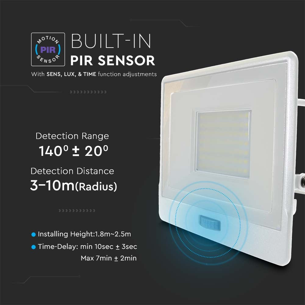 50W LED projektør med PIR sensor, Samsung Chip, 1m kabel, 4000K, hvidt hus - Energibesparende belysning til udendørs områder