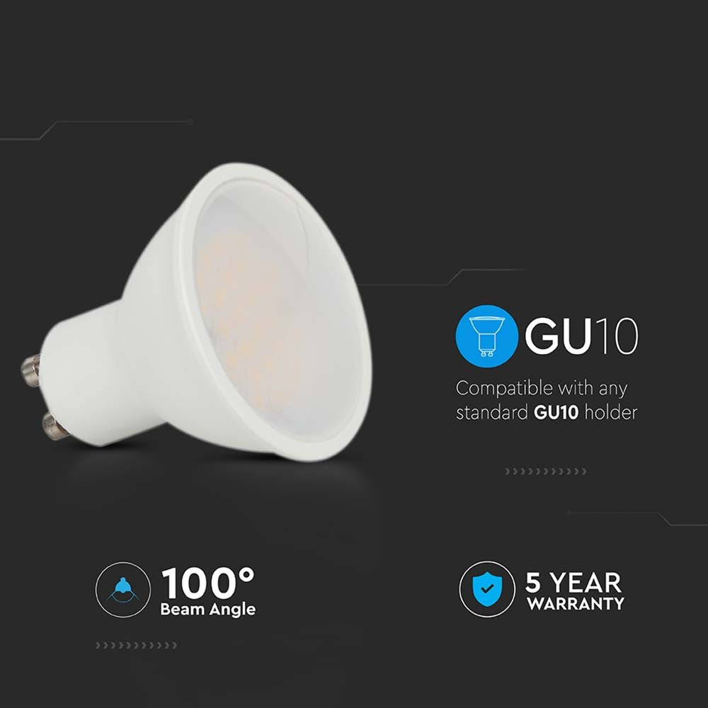 4,5W GU10 Spotlys - Glat Plast, Samsung Chip, 6500K, 110D, 400lm - 5 års garanti