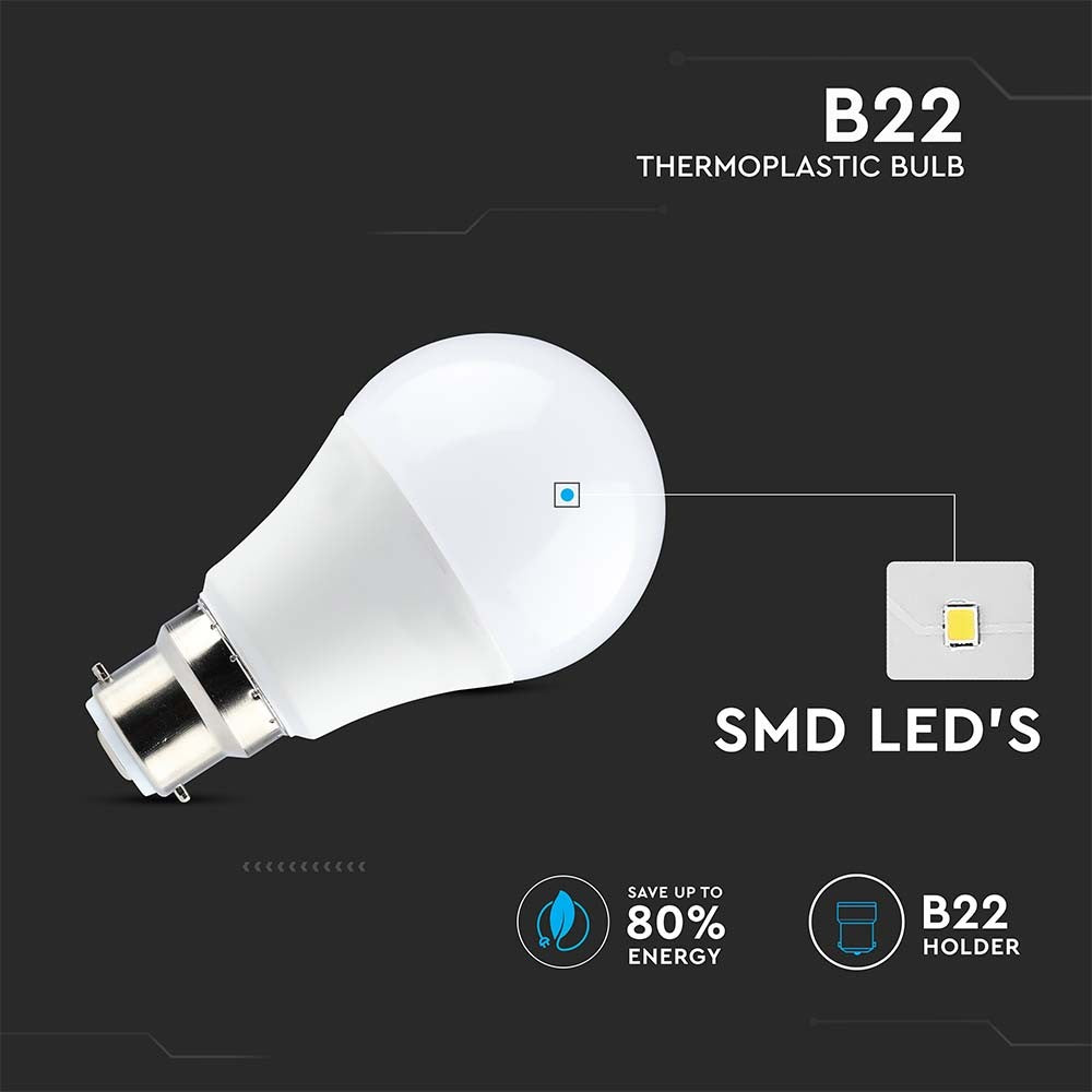 8,5W A60 LED-Pære B22 - Termoplast, 4000K, 806lm, RA80 - Energibesparende lyskilde til B22-fatning, ideel til naturligt hvidt lys.