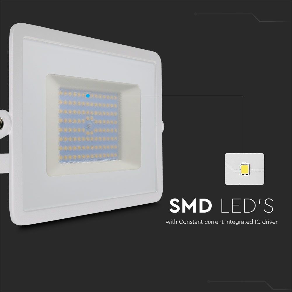 100W LED Projektør med 6500K lysfarve og hvidt hus - 8700lm, RA70, IP65