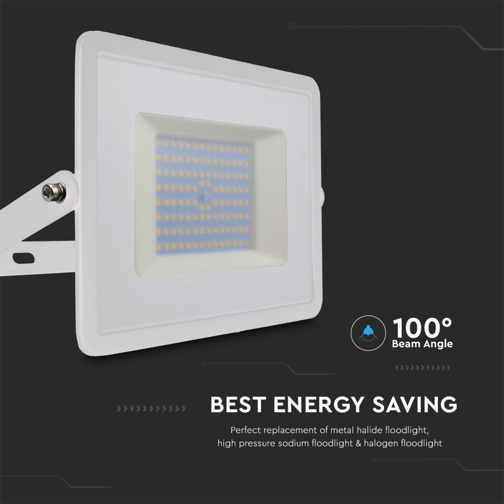 100W LED Projektør med 6500K lysfarve og hvidt hus - 8700lm, RA70, IP65
