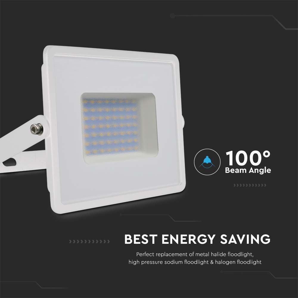 50W LED Projektør med Hvidt Hus, 6500K Lysfarve, 4300lm, RA70, IP65 Beskyttelse