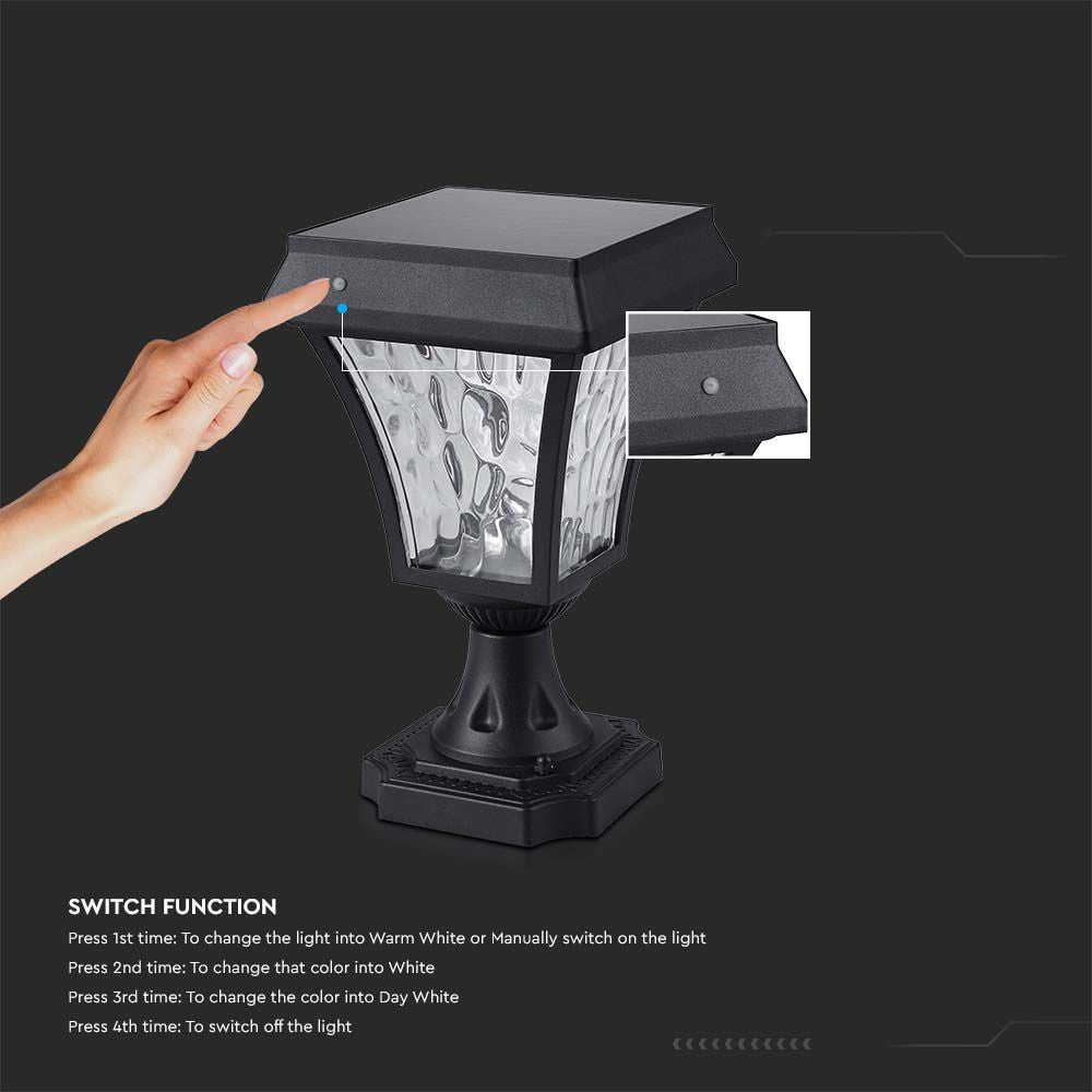Sort LED solcelle standerlampe med justerbar farvetemperatur (CCT) i 3-i-1 funktion. Perfekt til udendørs brug.