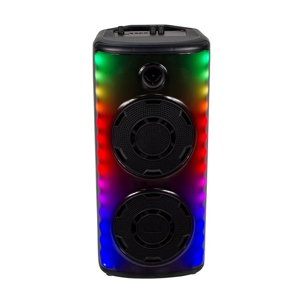 Genopladelig højttaler med 600W effekt, trådløs mikrofon, RF kontrolhåndtag og 2x8 tommer højttalere