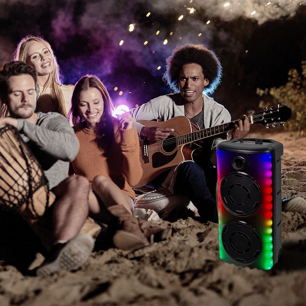Genopladelig højttaler med 600W effekt, trådløs mikrofon, RF kontrolhåndtag og 2x8 tommer højttalere