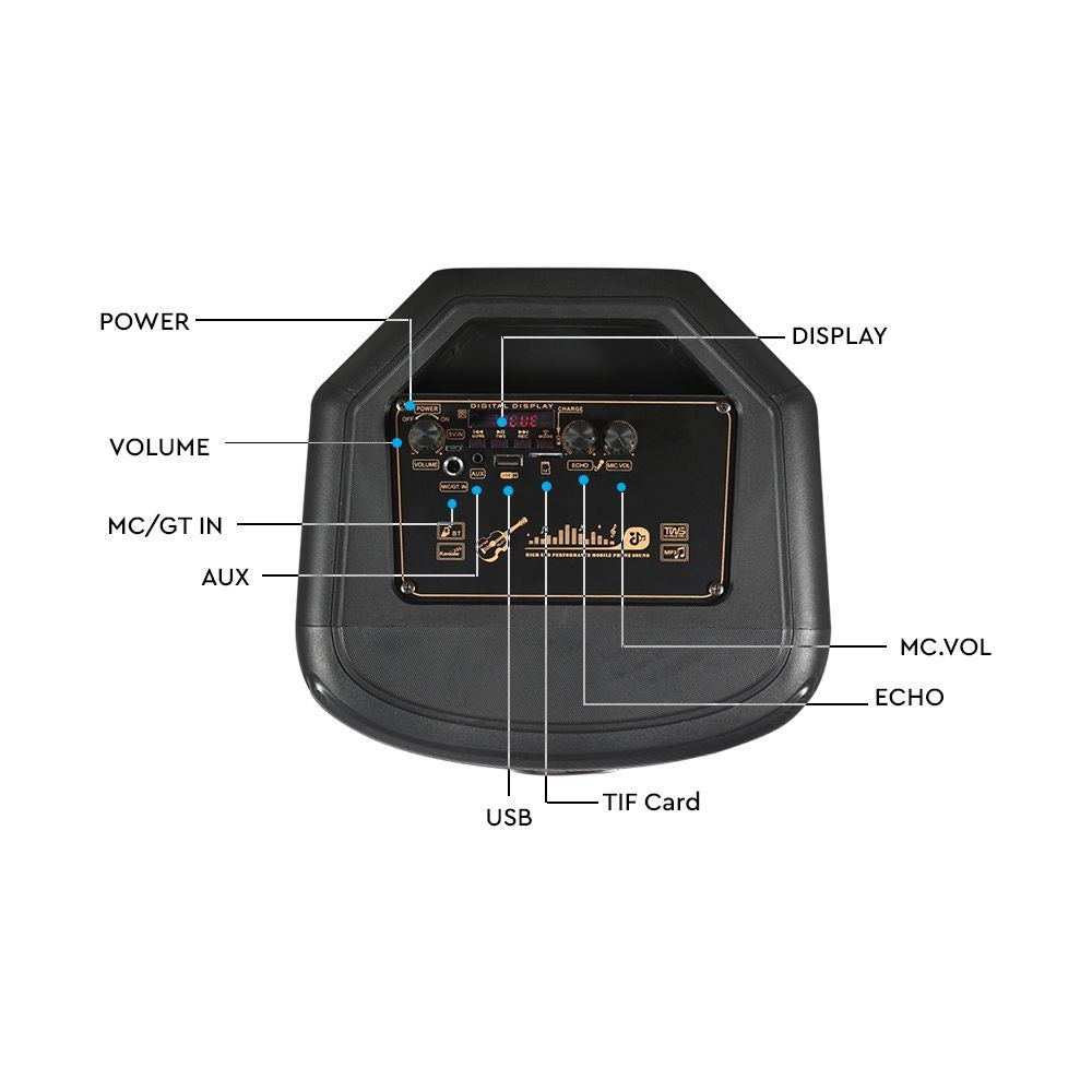 Genopladelig højttaler med 600W effekt, trådløs mikrofon, RF kontrolhåndtag og 2x8 tommer højttalere