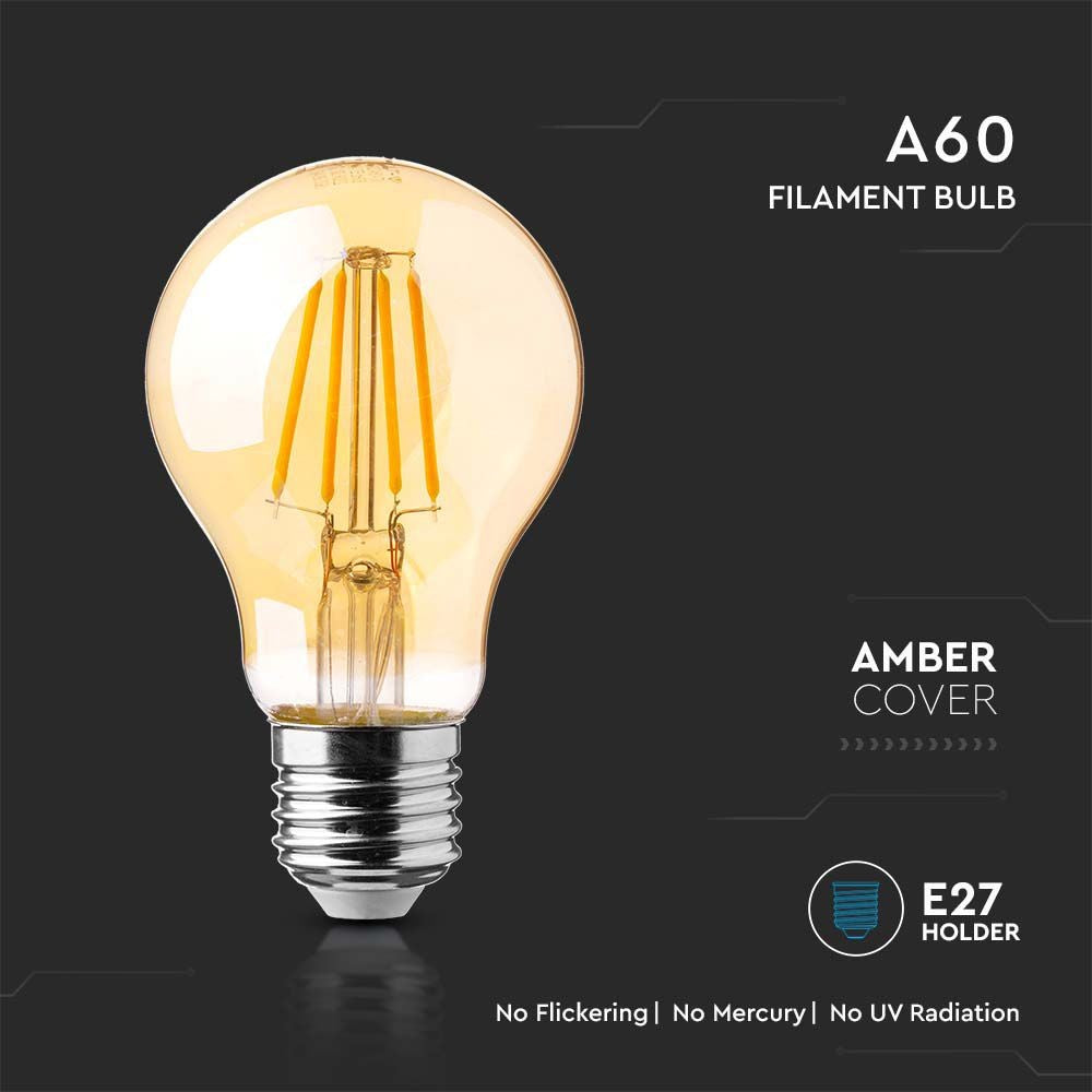 A60 LED Pære - 12W, E27 Fatning, Kultråd, Amber Dæksel, 2200K, 1350lm, RA80