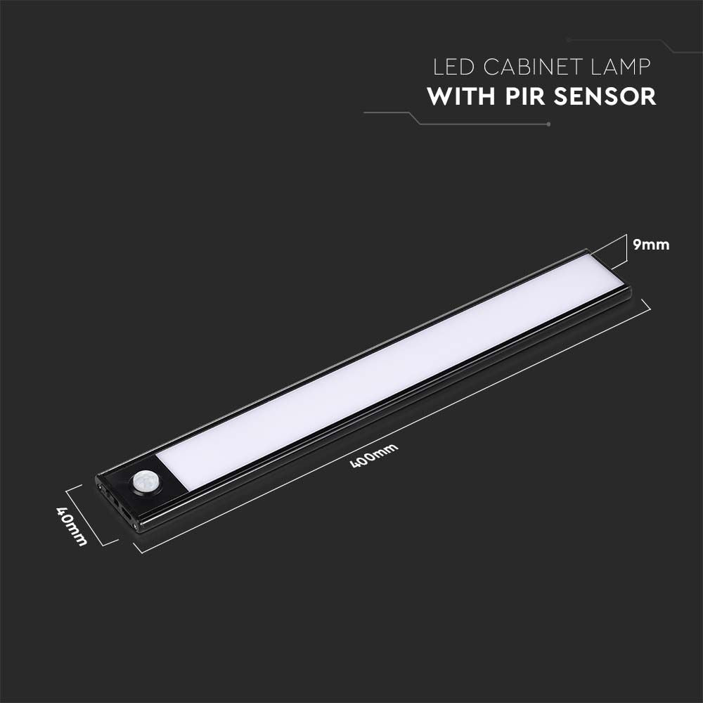 2W LED skabslys med PIR sensor, 3000K, sort finish, IP20 kvalitet - Ideel til skabe og skuffer i hjemmet.