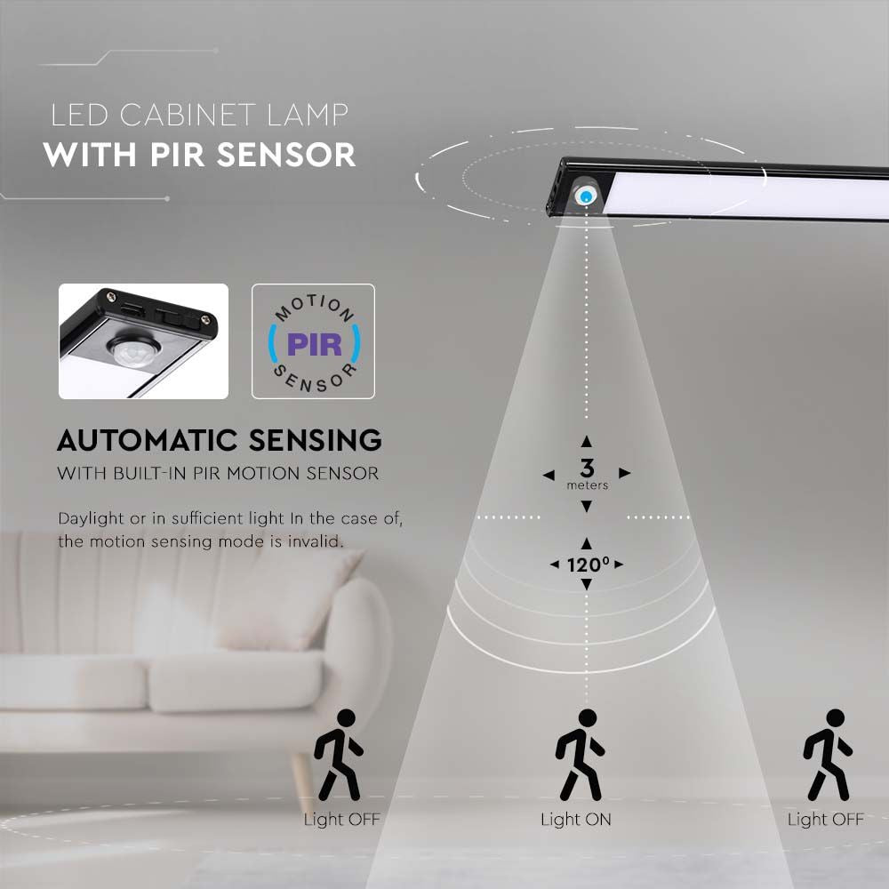 2W LED skabslys med PIR sensor, 3000K, sort finish, IP20 kvalitet - Ideel til skabe og skuffer i hjemmet.
